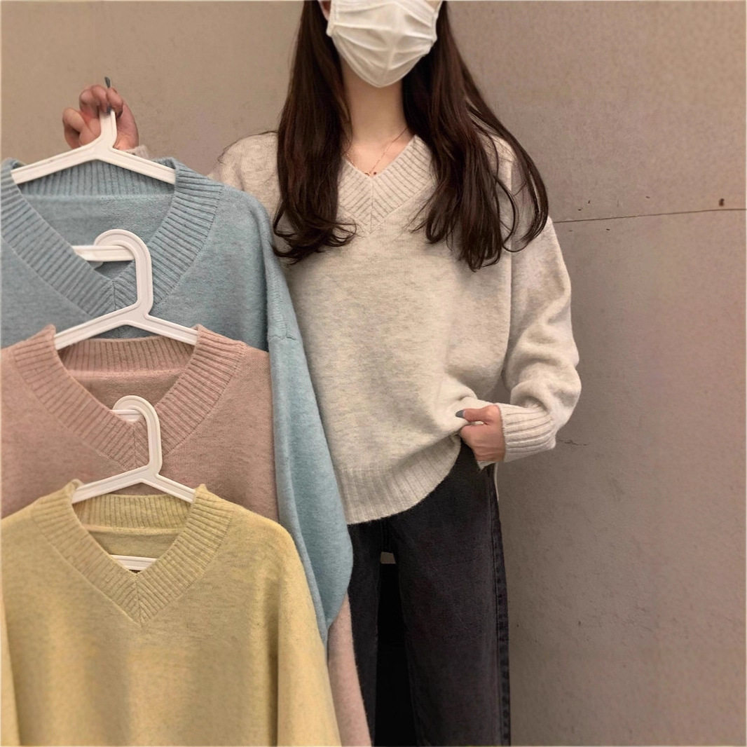 棉羊绒休闲慵懒风V领套头毛衣女秋冬韩版宽松纯色针织衫打底上衣