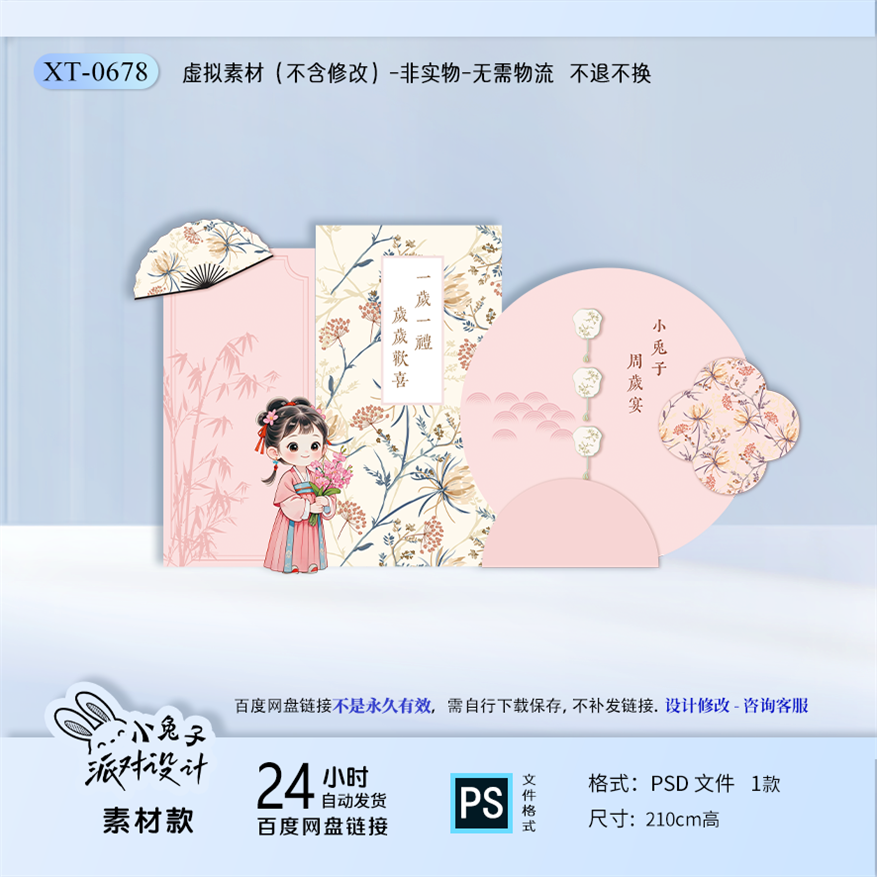 粉色中式古风小女孩宝宝宴生周岁满月生日派对背景设计素材PS文件