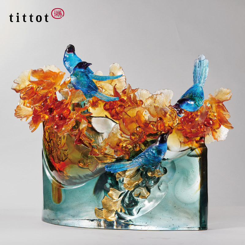 tittot琉园琉璃花鸟大件轻奢摆件 客厅大堂玄关装饰 开业乔迁礼品