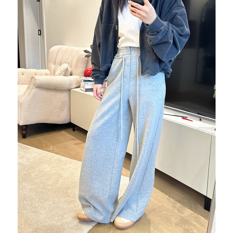 多纽扣松紧抽绳宽松休闲阔腿裤