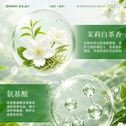 EMWM茉莉白茶香氨基酸洗发水滋养修护温和洁净头皮护理