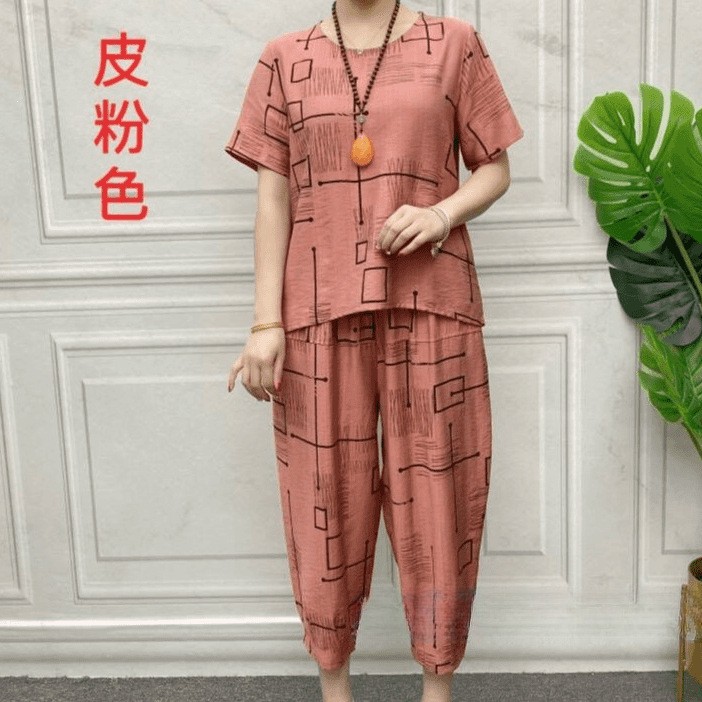 夏装大码宽松新款亚麻高档洋气妈妈装套装减龄显瘦短袖裤子两件a1