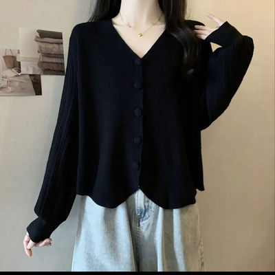 一衫服装女装软糯V领长袖针织衫女士宽松显瘦开衫毛衣宽松打底a4