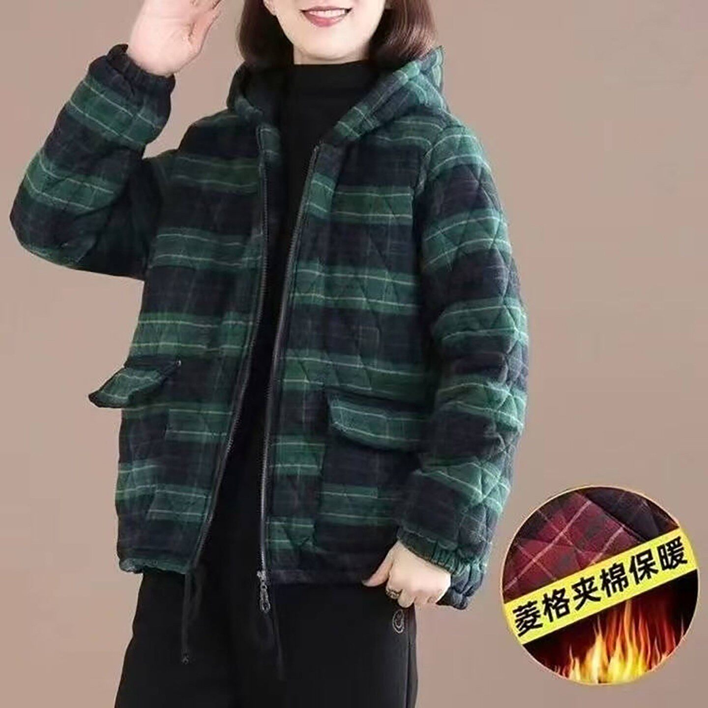芙霖女装菱格夹棉连帽外套女短款格子纹加绒加厚保暖棉袄女士上a2