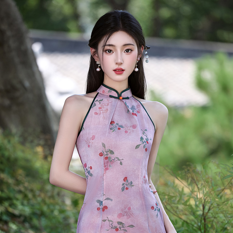 无袖挂脖改良旗袍新中式礼服