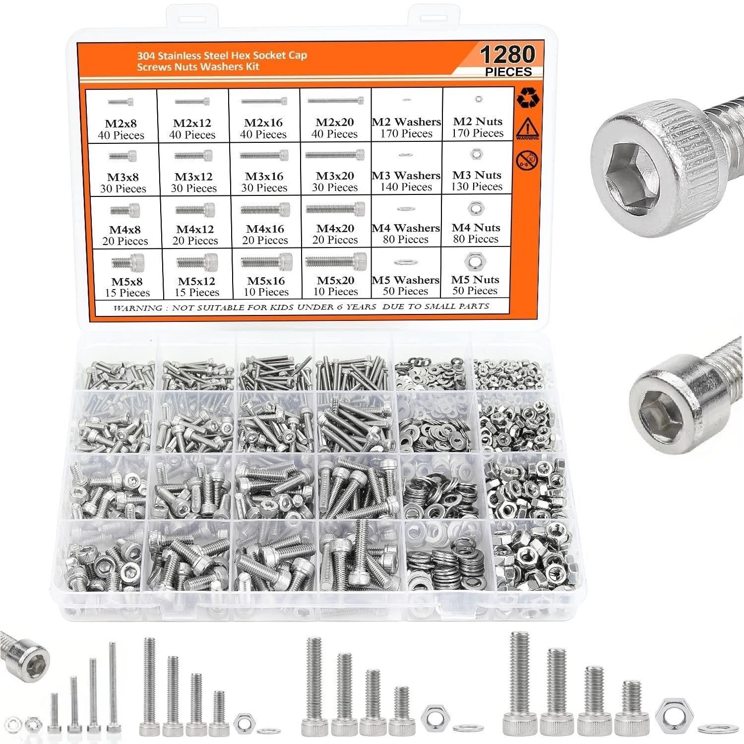 1280件M2M3M4M5304不锈钢六角套筒盖螺丝螺栓垫圈螺母组A级标准