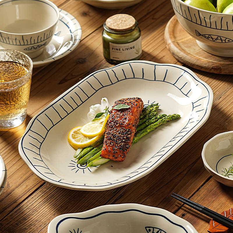 日式鱼盘高级感盘子菜盘家用2025新款特别好看的陶瓷凉菜深汤盘碟,餐饮具,盘,淘宝优惠券,粉丝福利购,淘宝优惠卷