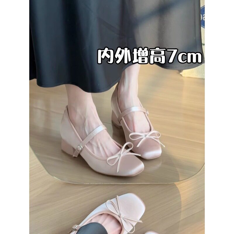 内增高7CM缎面粗跟蝴蝶结玛丽珍