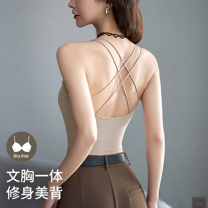 美背吊带背心+胸垫文胸一体式女