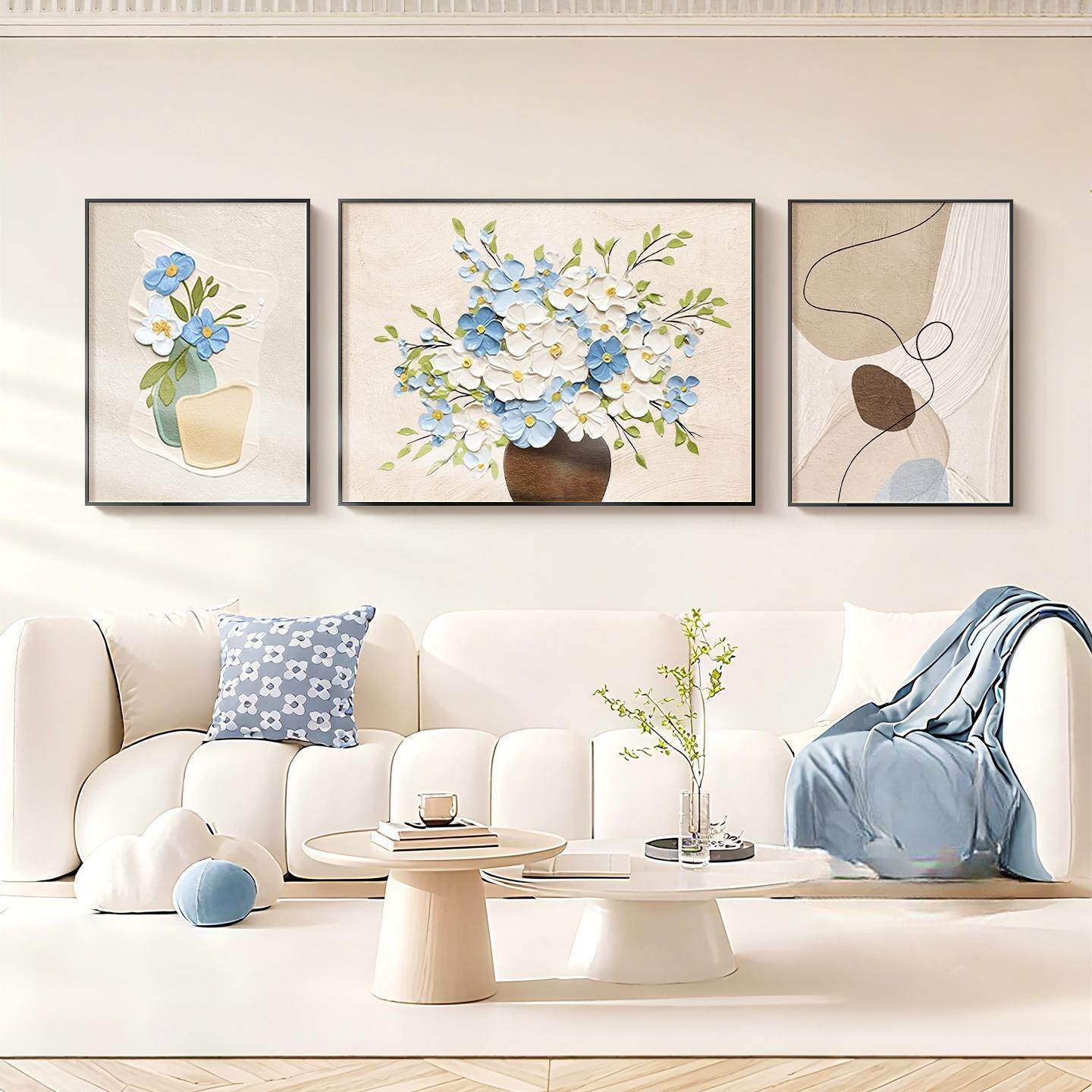 奶油风小清新客厅装饰画艺术花卉沙发背景墙挂画高级感三联墙壁画,家居饰品,现代装饰画,淘宝优惠券,粉丝福利购,淘宝优惠卷