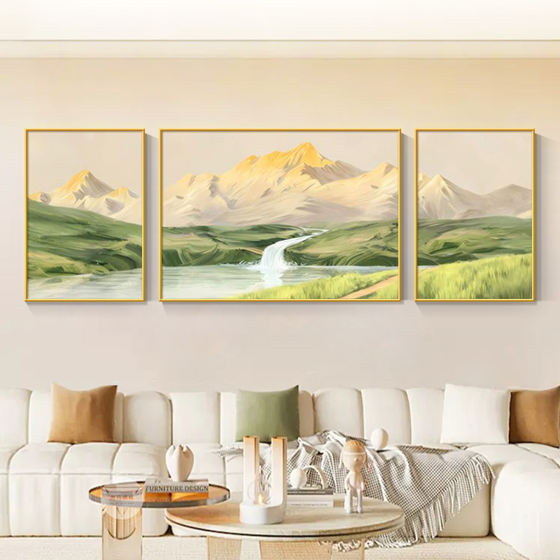 日照金山客厅装饰画现代简约沙发背景墙挂画2025新款三联画墙壁画