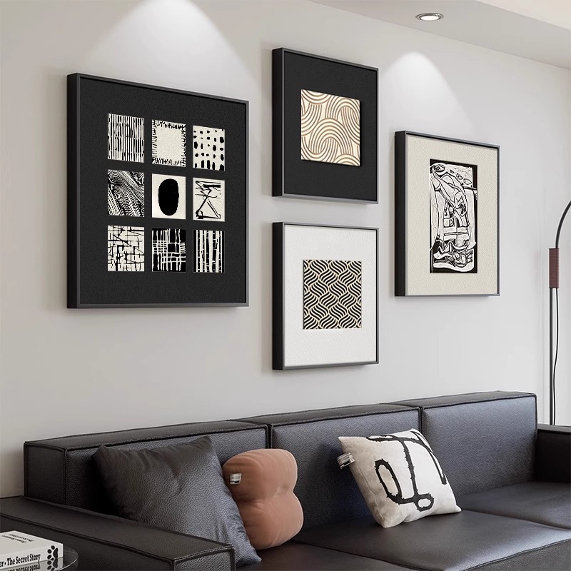 意式极简客厅装饰画高级感艺术沙发背景墙挂画黑白抽象组合墙壁画