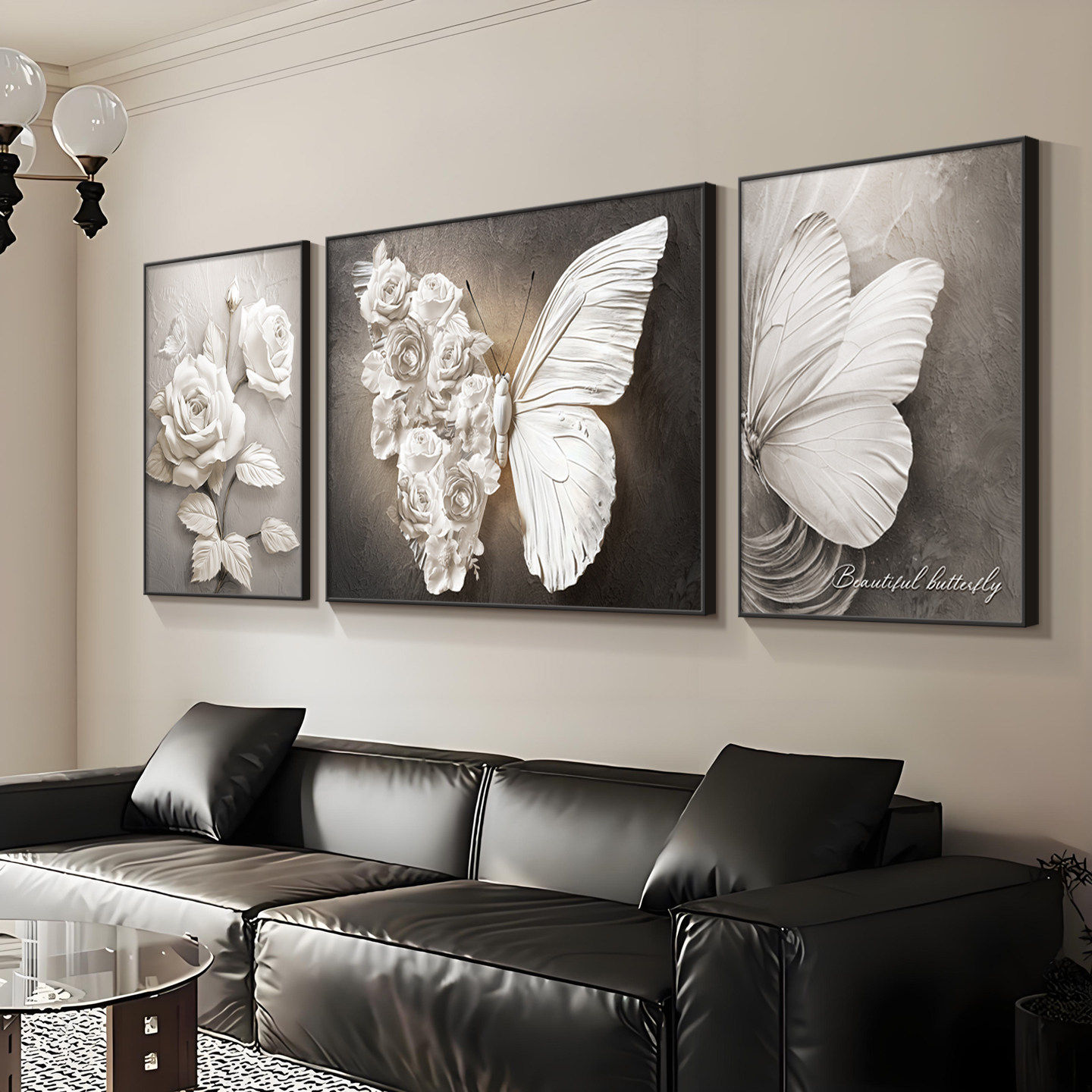 2026新款黑白蝴蝶客厅装饰画高级感沙发背景墙挂画抽象三联墙壁画,家居饰品,现代装饰画,淘宝优惠券,粉丝福利购,淘宝优惠卷