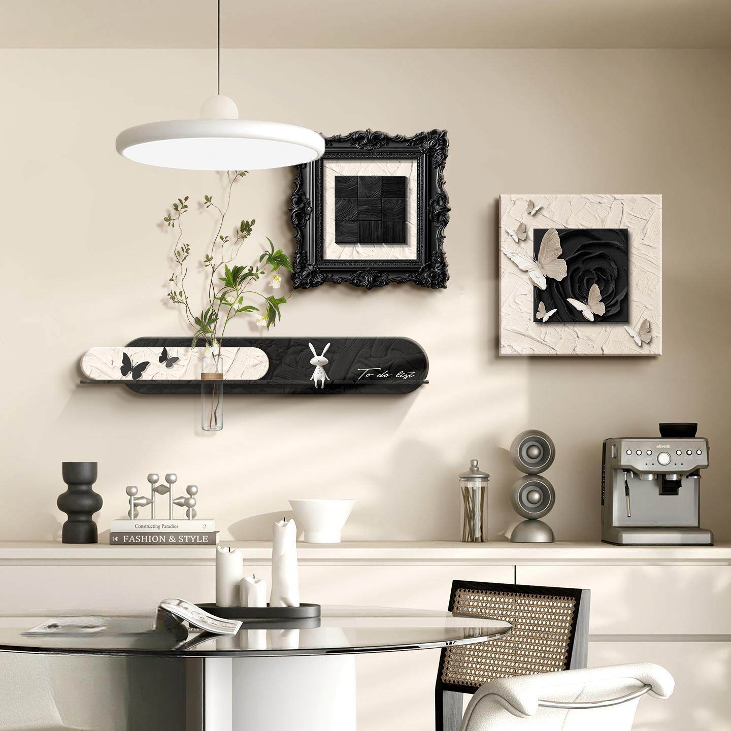 现代简约饭厅装饰画 画法式水培绿植饭厅餐桌挂画 画黑白蝴蝶玄关