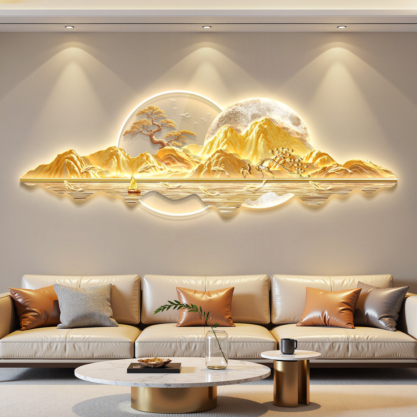 轻奢带led灯客厅装饰画高级感沙发背景墙挂画现代简约山水画壁画