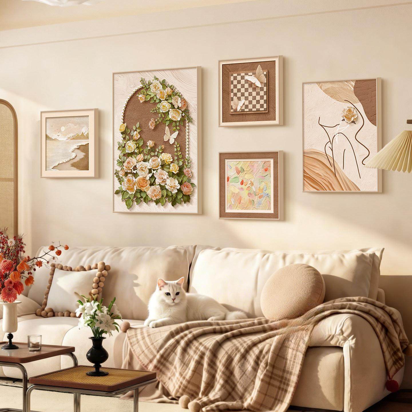 奶油风玫瑰客厅装饰画法式复古沙发背景墙挂画高级感蝴蝶组合壁画