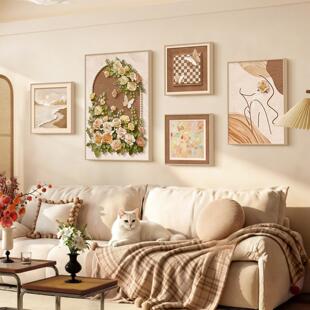 奶油风玫瑰客厅装饰画法式复古沙发背景墙挂画高级感蝴蝶组合壁画