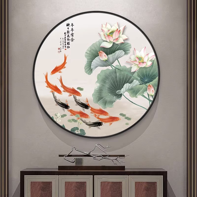 新中式荷花九鱼玄关装饰画入户走廊过道挂画客厅餐厅圆形墙面壁画图片