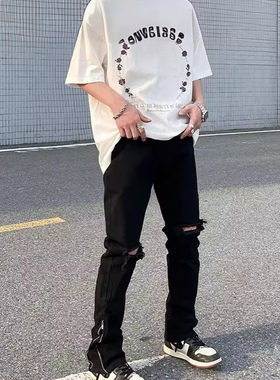 BLACBUK美式拉链微喇破洞黑色牛仔裤男ins潮牌vibe风直筒长裤E44