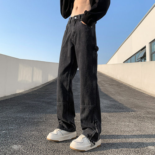 BLACBUK美式复古牛仔裤男宽松直筒开叉微喇裤子高街潮牌长裤N601