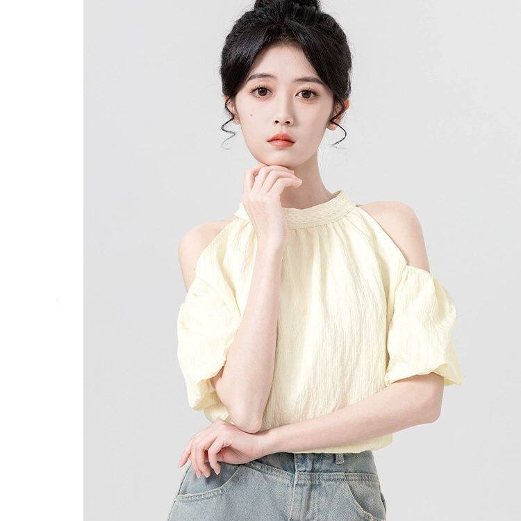 杏色挂脖绑带短袖衬衫女夏2026新款设计感法式泡泡袖衬衣露肩上衣
