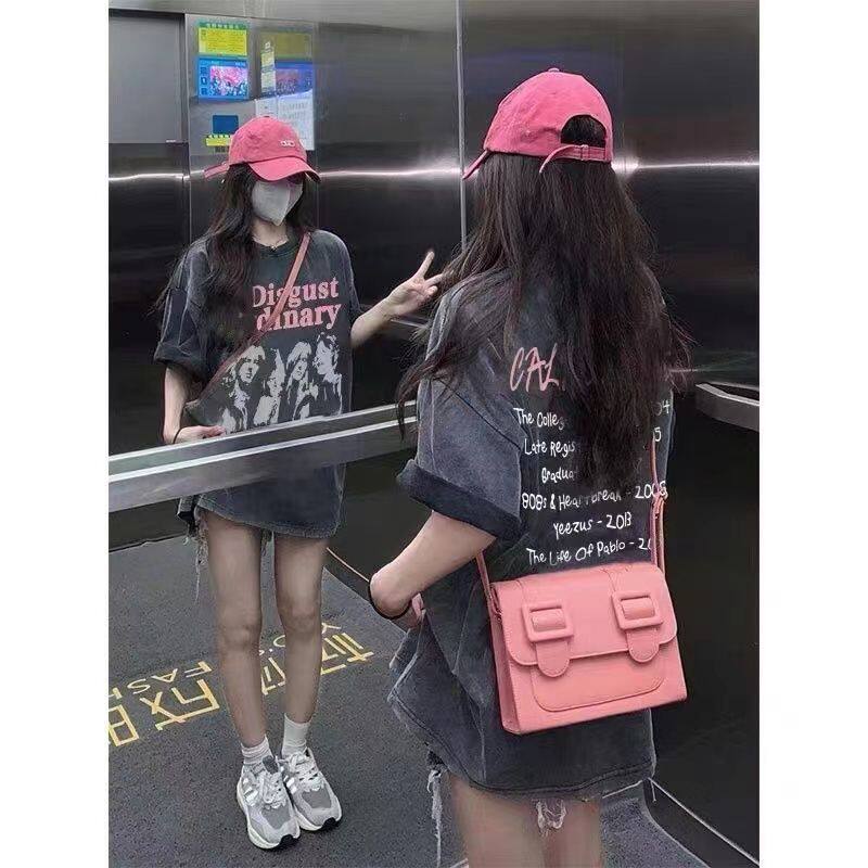 大码hiphop美式做旧t恤女ins潮牌复古街头风短袖水洗纯棉上衣夏季