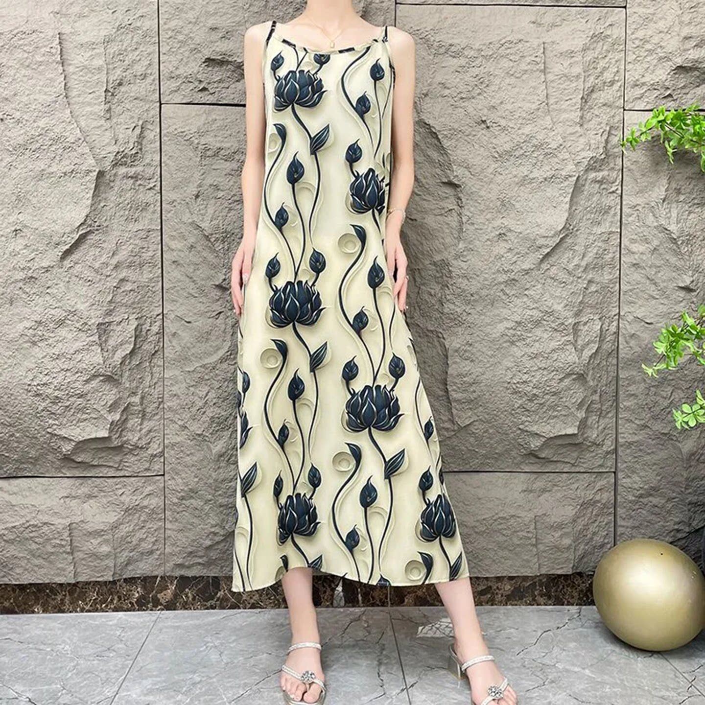 恒清步步生莲吊带连衣裙2026新中式碎花法式长裙夏季雪纺背心裙a2