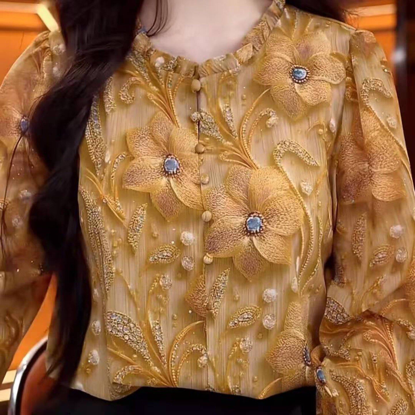 铂瑾甄选女装2026春秋季新款女士洒银印花九分袖衬衫遮肉显瘦小a9