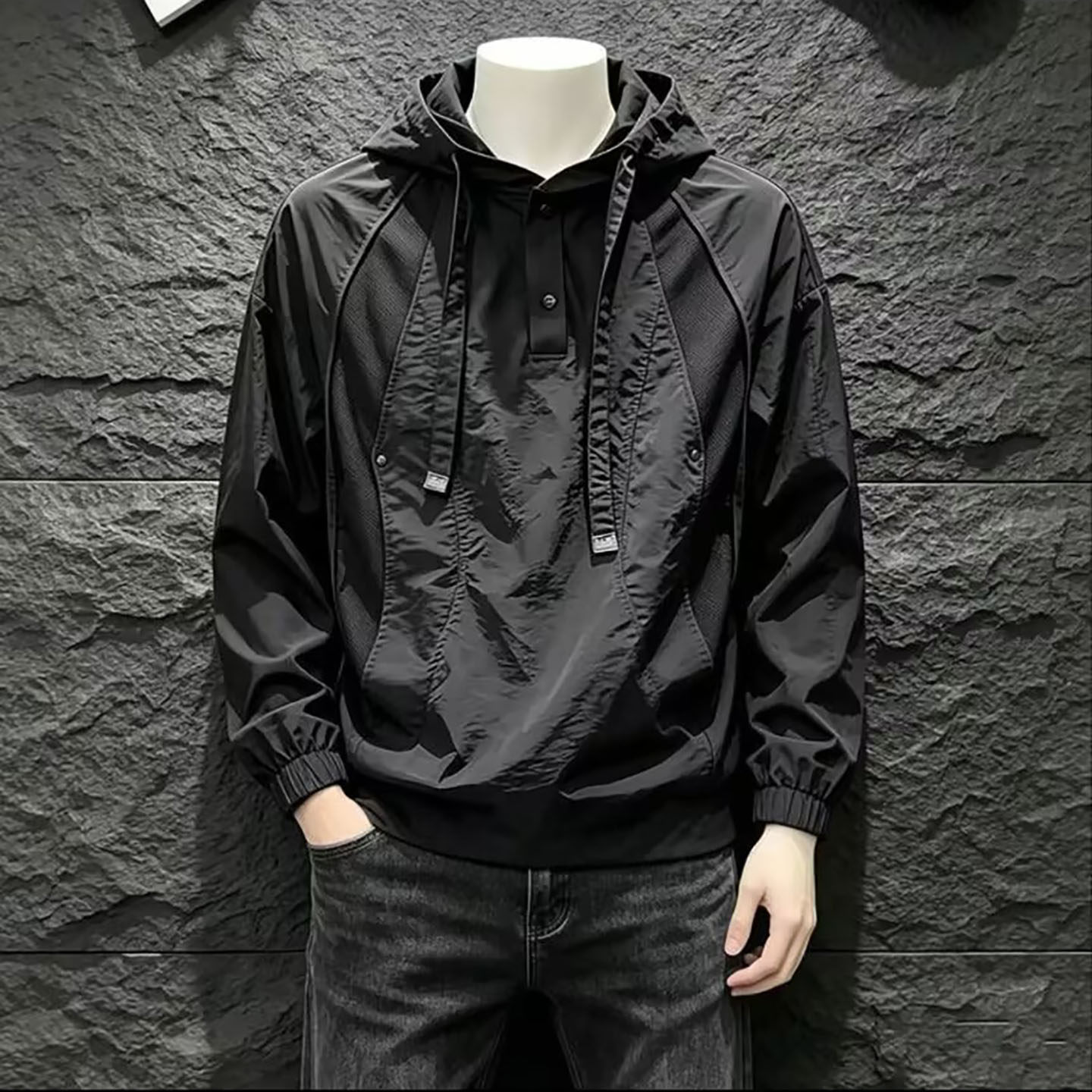 芸菲汇服饰甄选店男装高级感连帽棉麻卫衣春秋季男士拼接工装外a6