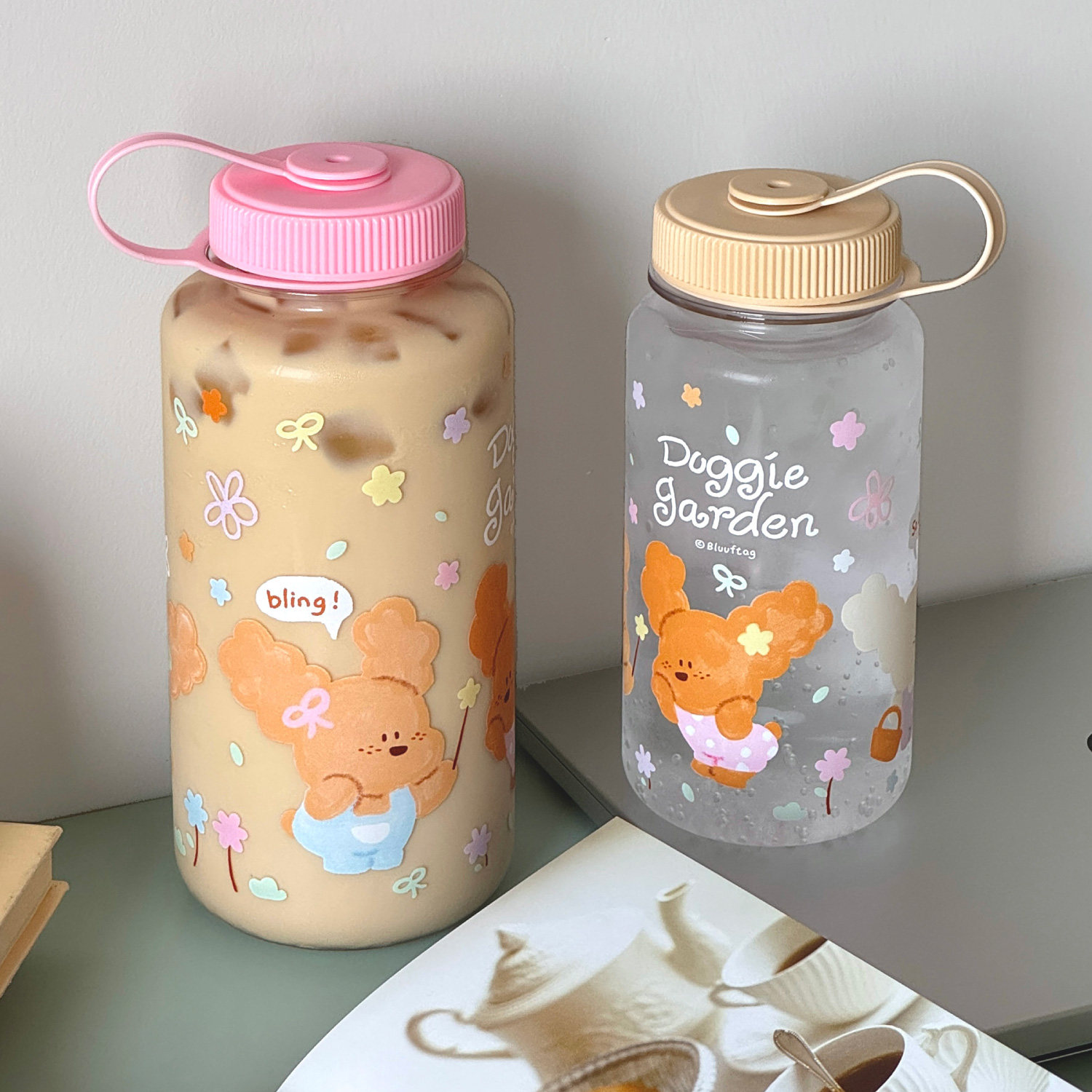 BLUUF TAG原创雀斑小狗夏天大容量可爱塑料水杯1L便携透明款600ml