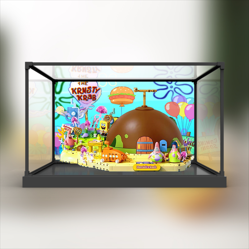 适用AREAX砖区积木海绵宝宝派大星的石头屋防尘罩合金框架收纳盒