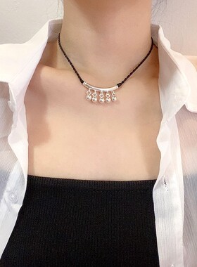 甲状腺术后遮疤痕弯管铃铛项链女冷淡风轻奢手工编织黑绳锁骨链