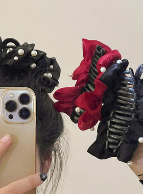 法式温柔赫本风发夹女2023新款珍珠泡泡抓夹蝴蝶结后脑勺鲨鱼夹子