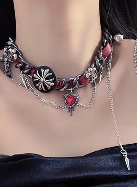 Y2K美拉德重工浮雕皮革项链亚文化辣妹甜酷小众哥特朋克暗黑欧美
