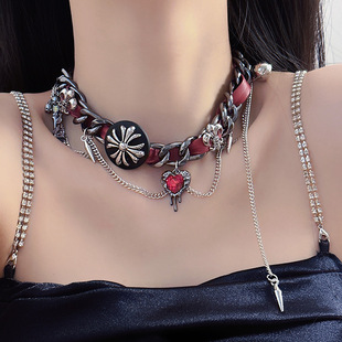 Y2K美拉德重工浮雕皮革项链亚文化辣妹甜酷小众哥特朋克暗黑欧美