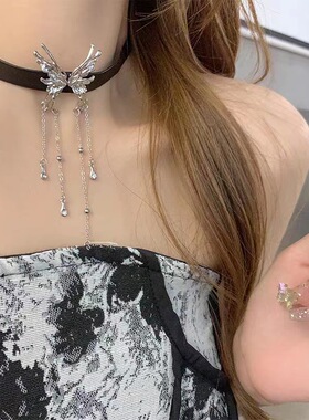 黑色蝴蝶项链2023新款爆款气质锁骨链高级感小众颈链choker配饰女