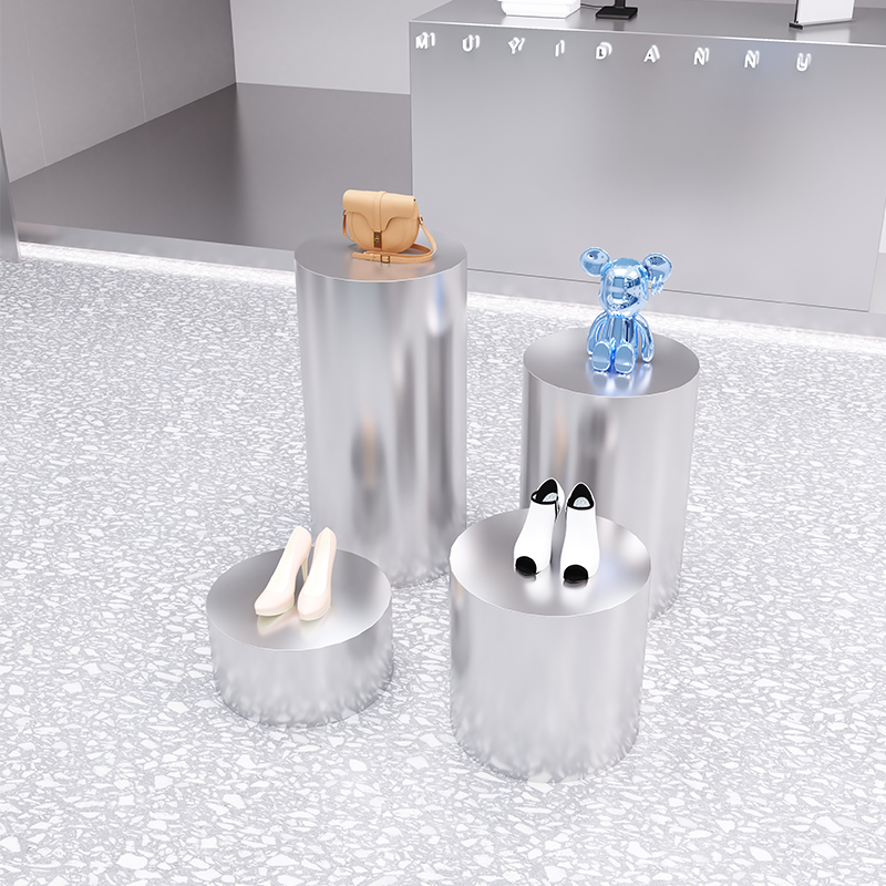 服装店橱窗展示台不锈钢银色拉丝鞋包中岛台圆形柱流水台模特地台