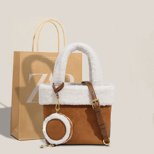 TB ZAGR毛毛包手提水桶包2024新款女包秋冬包包羊羔毛托特斜挎包