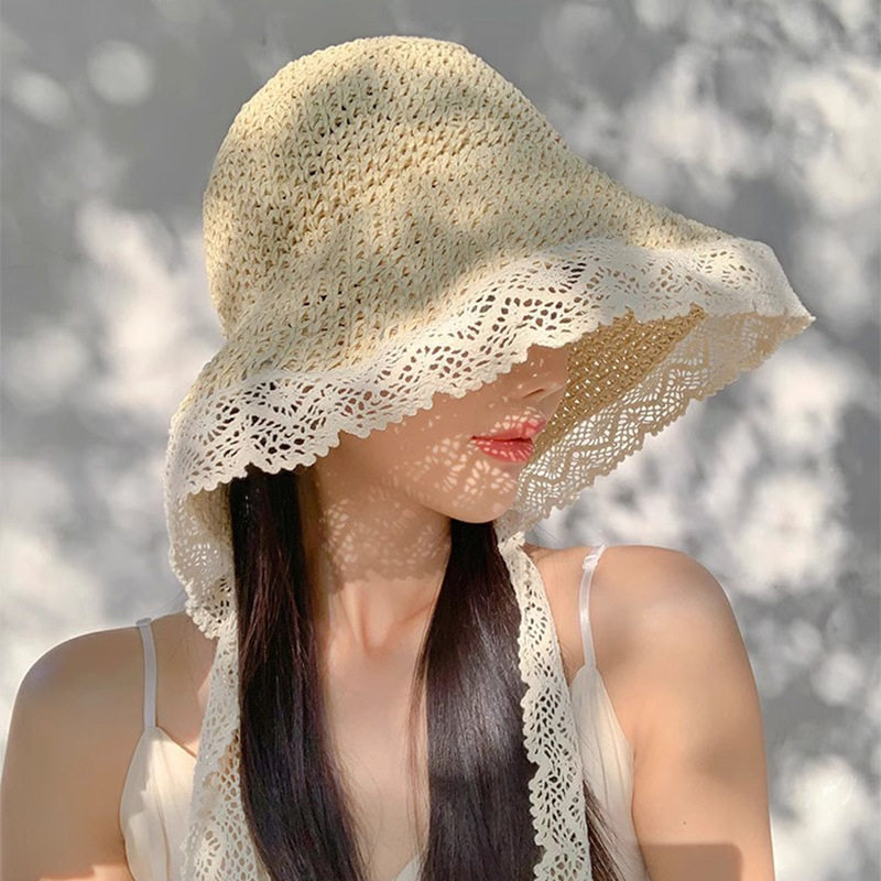 法式蕾丝花边遮阳草帽女夏季大帽檐飘带渔夫帽海边可折叠太阳帽子
