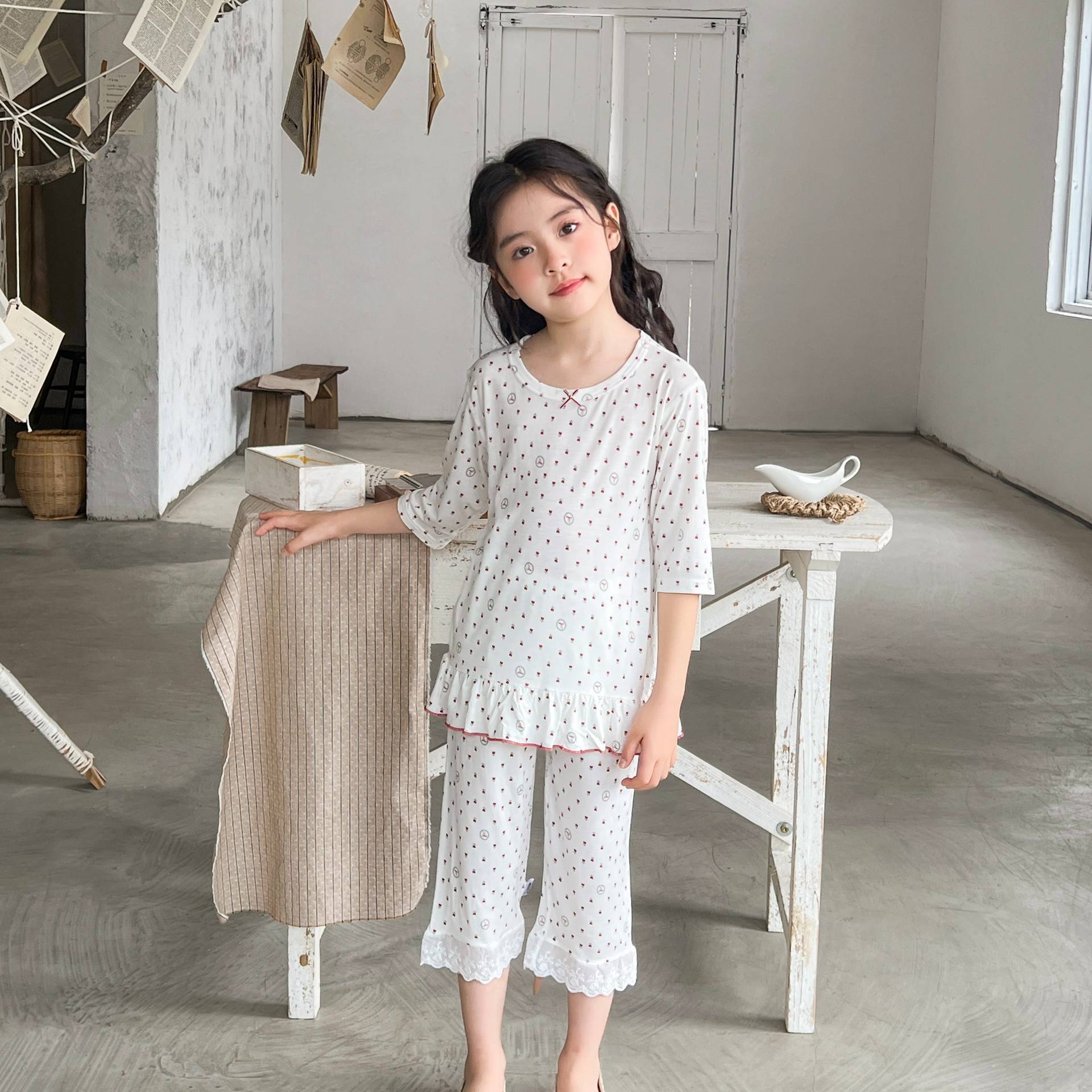 儿童睡衣夏季女童七分袖套装宝宝天丝透气空调服中小童花边家居服