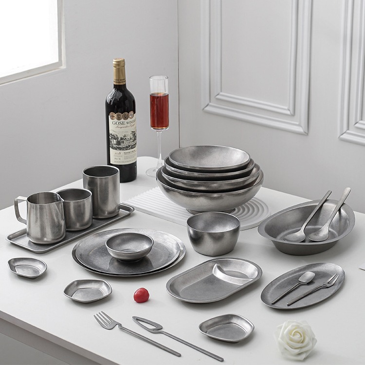 复古304不锈钢餐具 日韩做旧碗水杯骨碟深餐盘筷子长方盘烤肉火锅