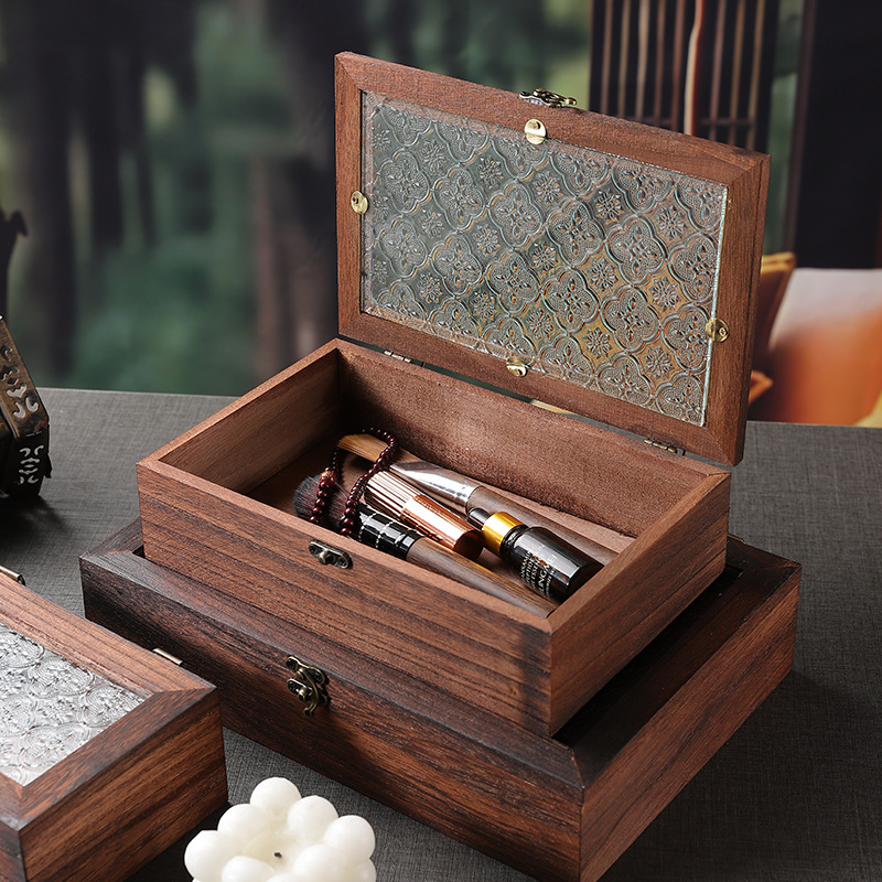 复古多功能海棠花玻璃盖实木盒家居杂物干果化妆品证件防尘收纳盒