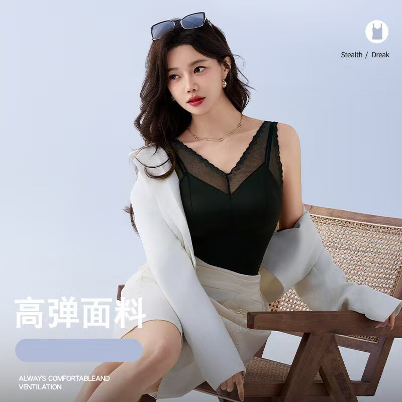 新款蕾丝长款美背背心女冰丝吊带一体式防下垂文胸可外穿无痕内衣