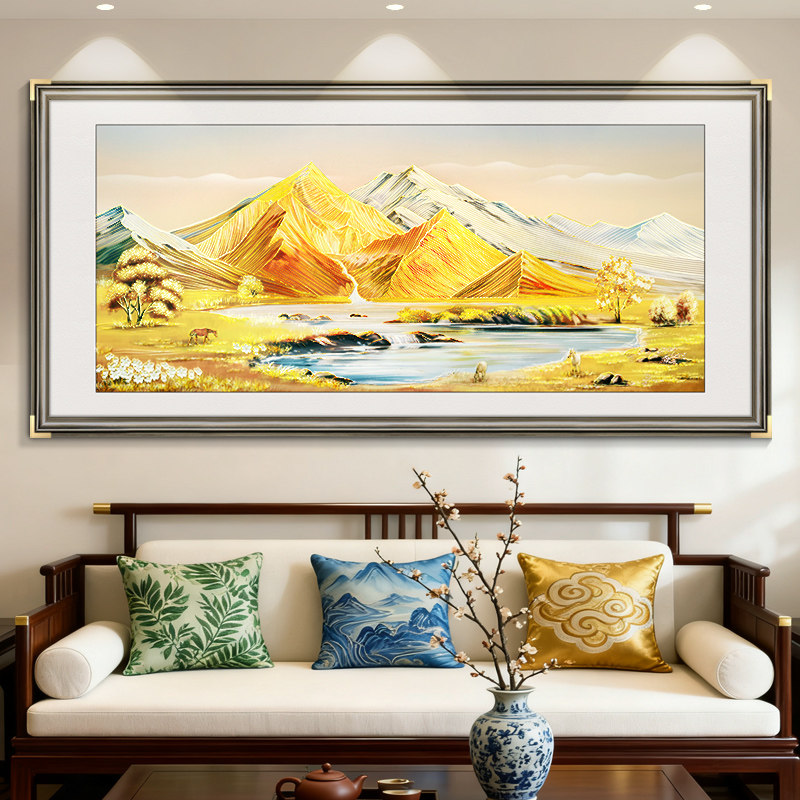 金山聚宝盆浮雕描金新款客厅装饰画山水画办公室挂画沙发背景墙挂