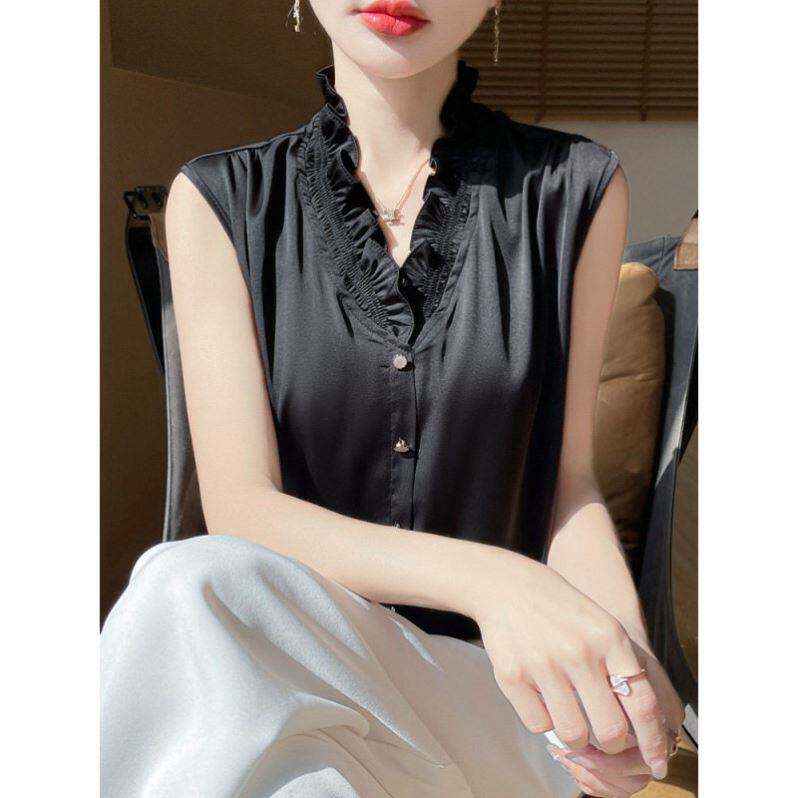 #芸菲汇女装高档花边V领缎面背心春夏女士款内搭衬衫无袖打底上a8