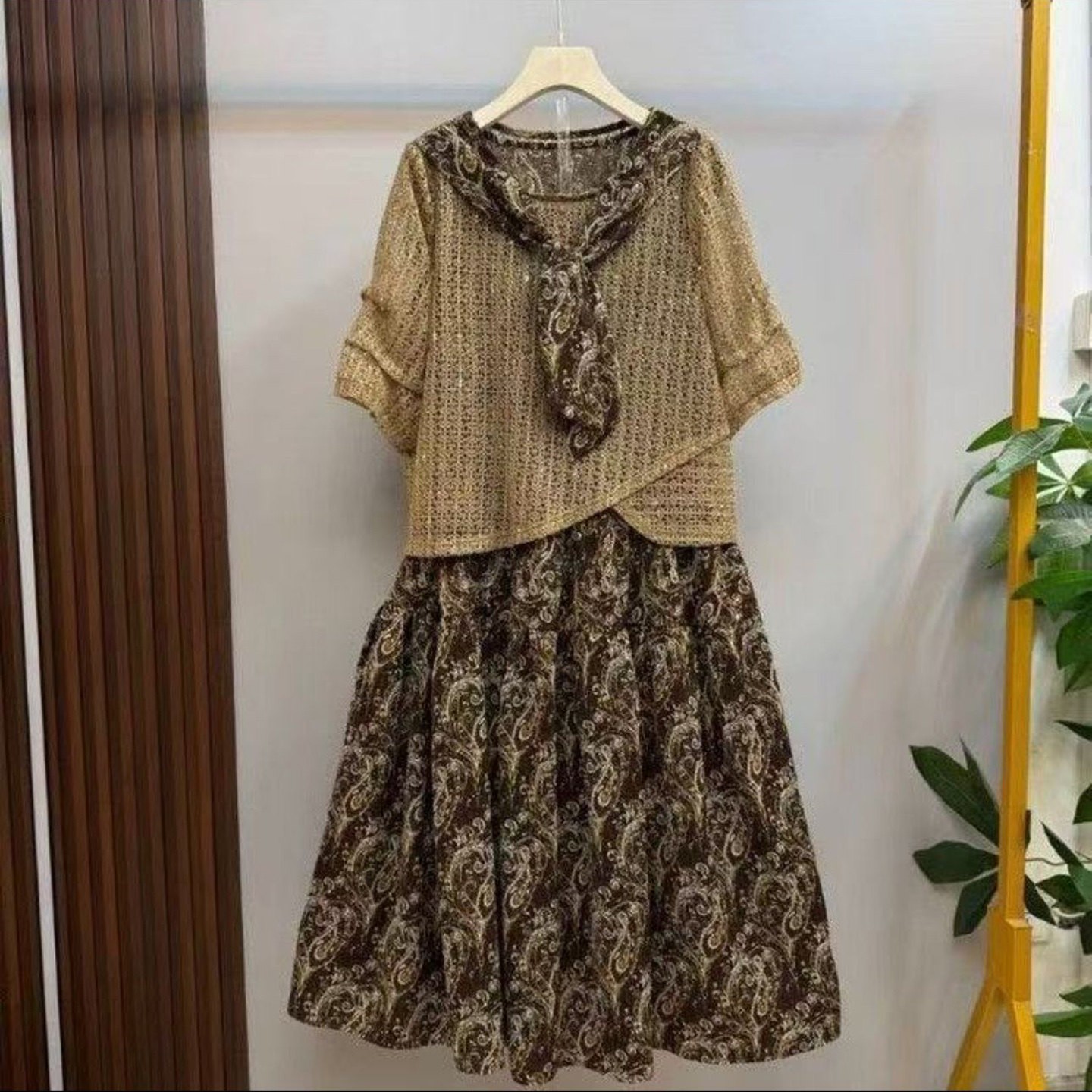 赴达女装欧货洋气领带结连衣裙套装2026夏季女士款大码裙子两件a5