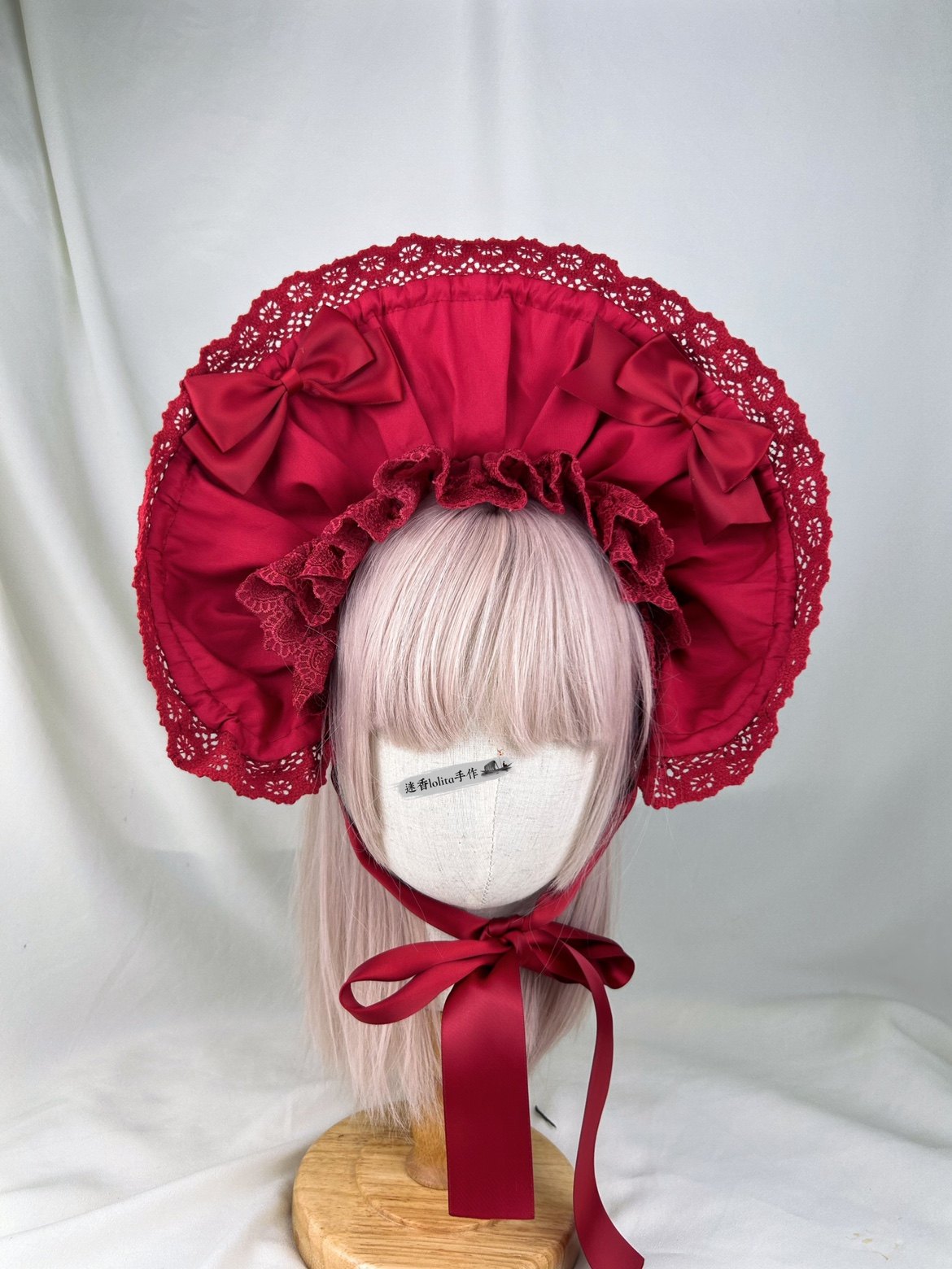 原创手作Lolita酒红色蕾丝波奈特圣诞新年洛丽塔bnt 可凹造型改色