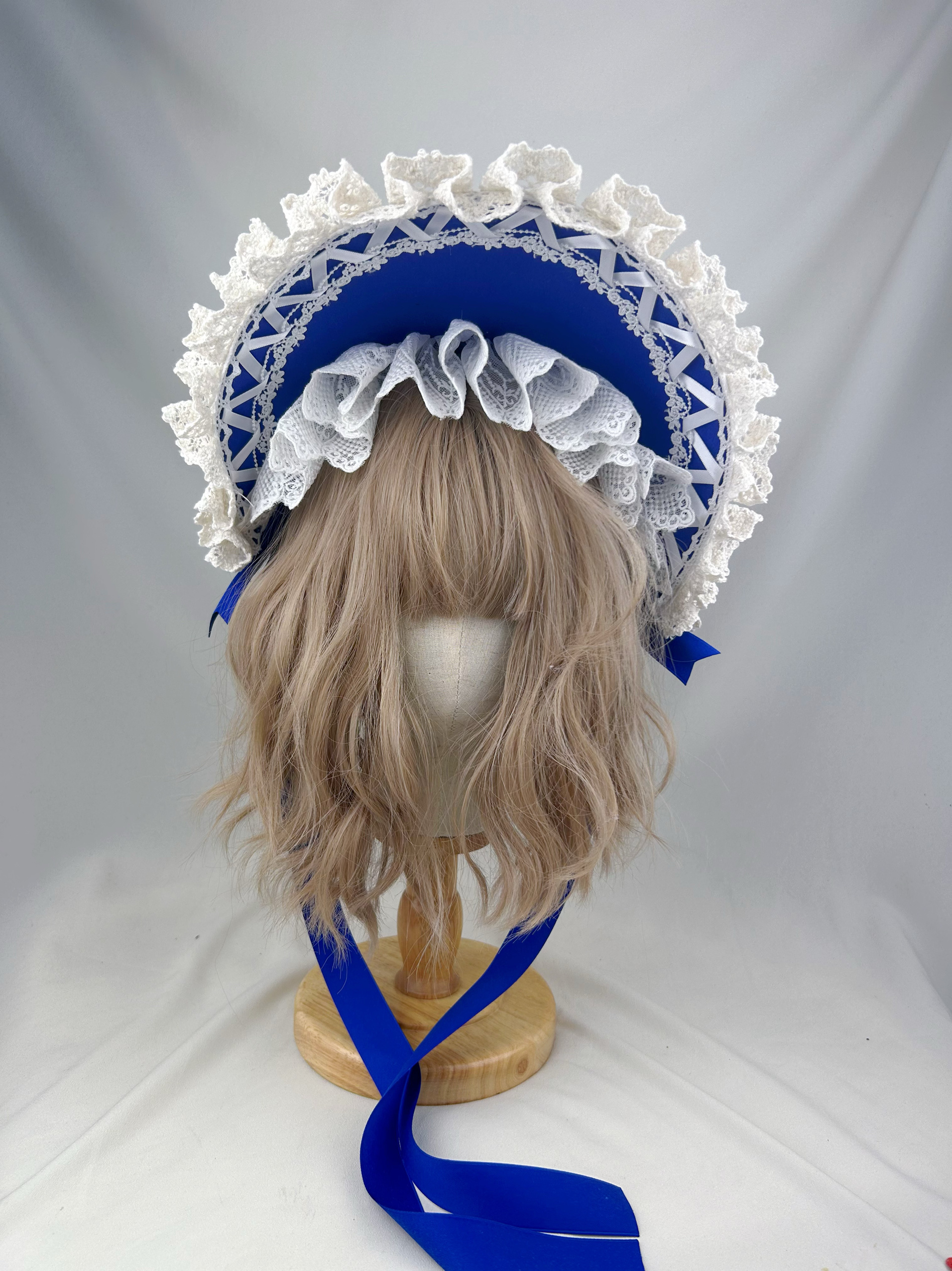 原创波奈特克兰茵宝蓝色bnt华丽重工Lolita小物蕾丝bb帽 内有铁丝