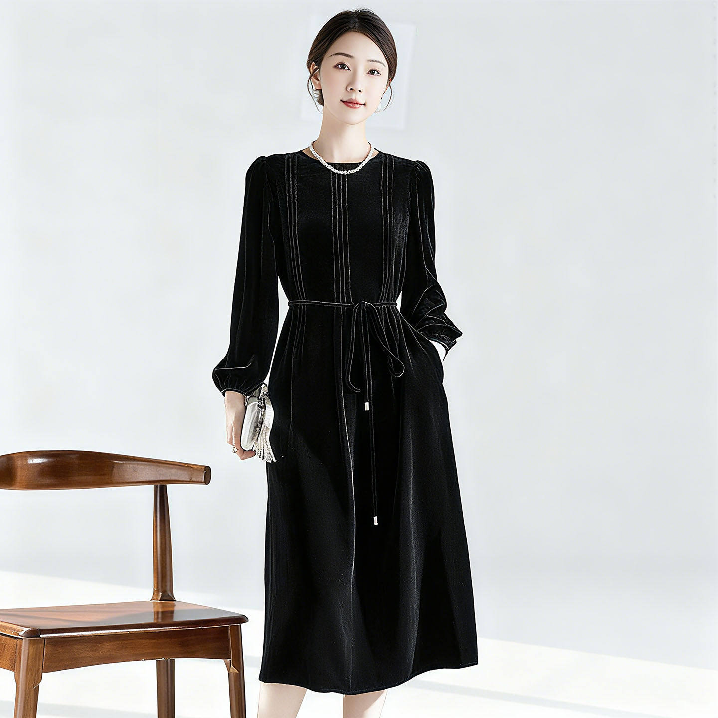 水墨佳人2026年春新中式桑蚕丝丝绒中长款圆领气质通勤百搭连衣裙,女装/女士精品,连衣裙,淘宝优惠券,粉丝福利购,淘宝优惠卷