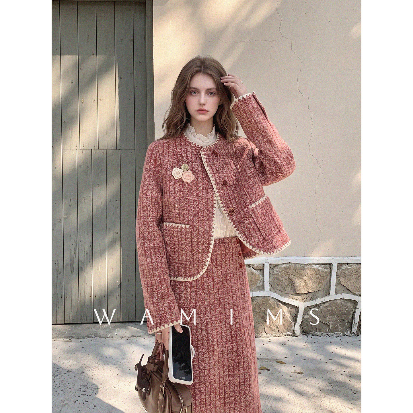 WAMIMS毛呢格纹小香风外套半身裙套装女秋冬新款粗花呢名媛千金风
